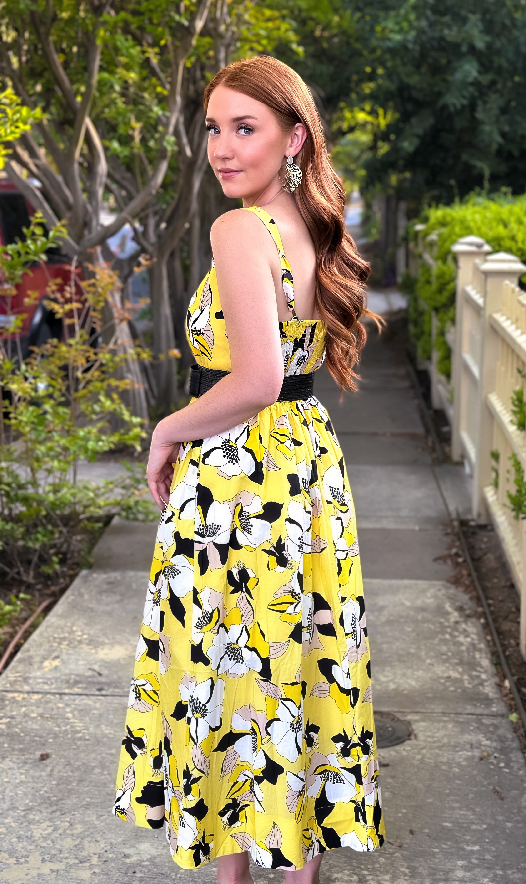 Yellow and Black Floral Midi Dress