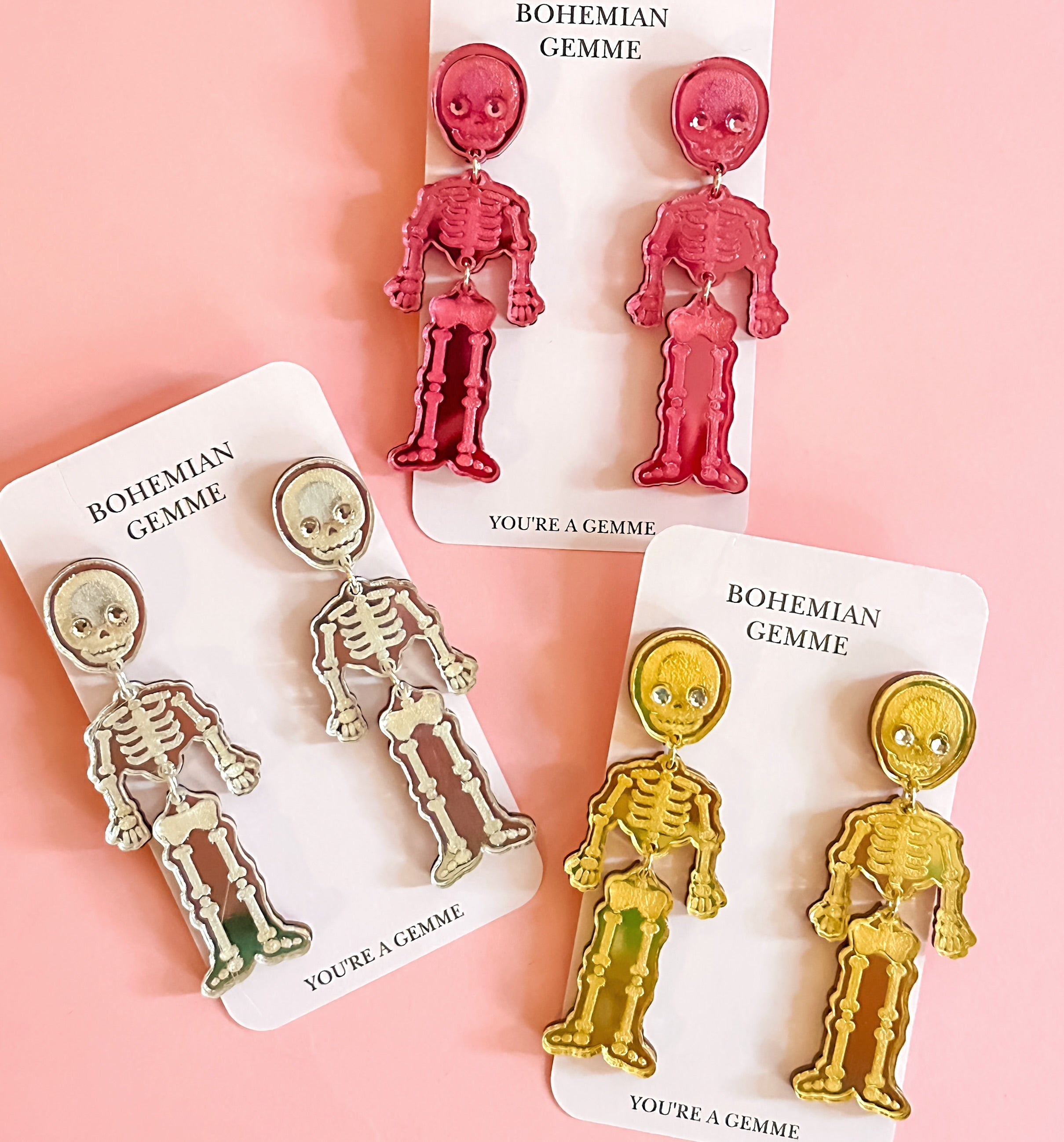 Skeleton Dangle Earrings-Pink
