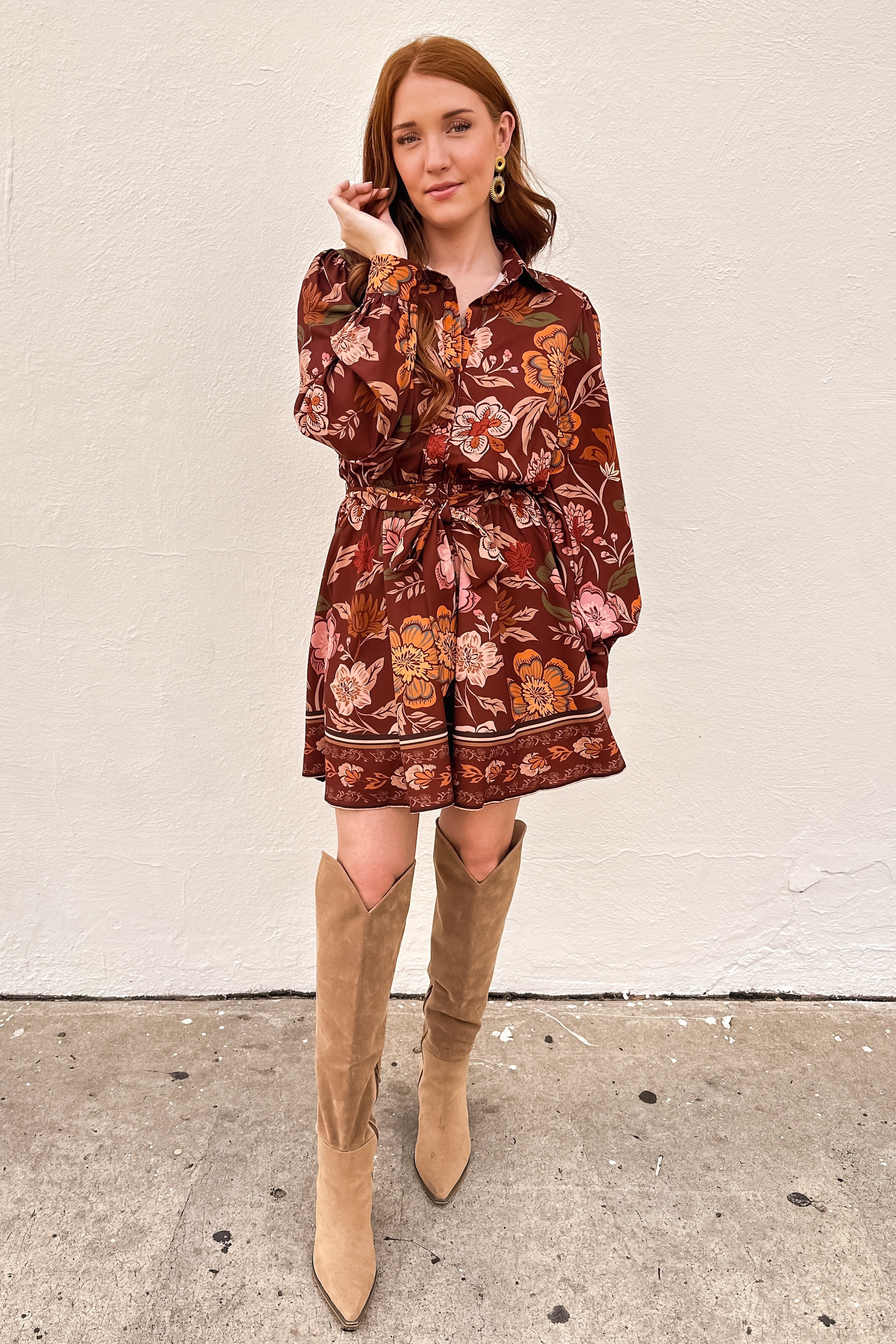 Brown Floral Printed Mini Dress