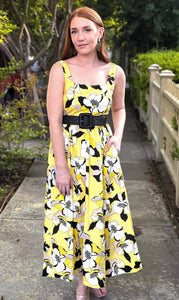Yellow and Black Floral Midi Dress