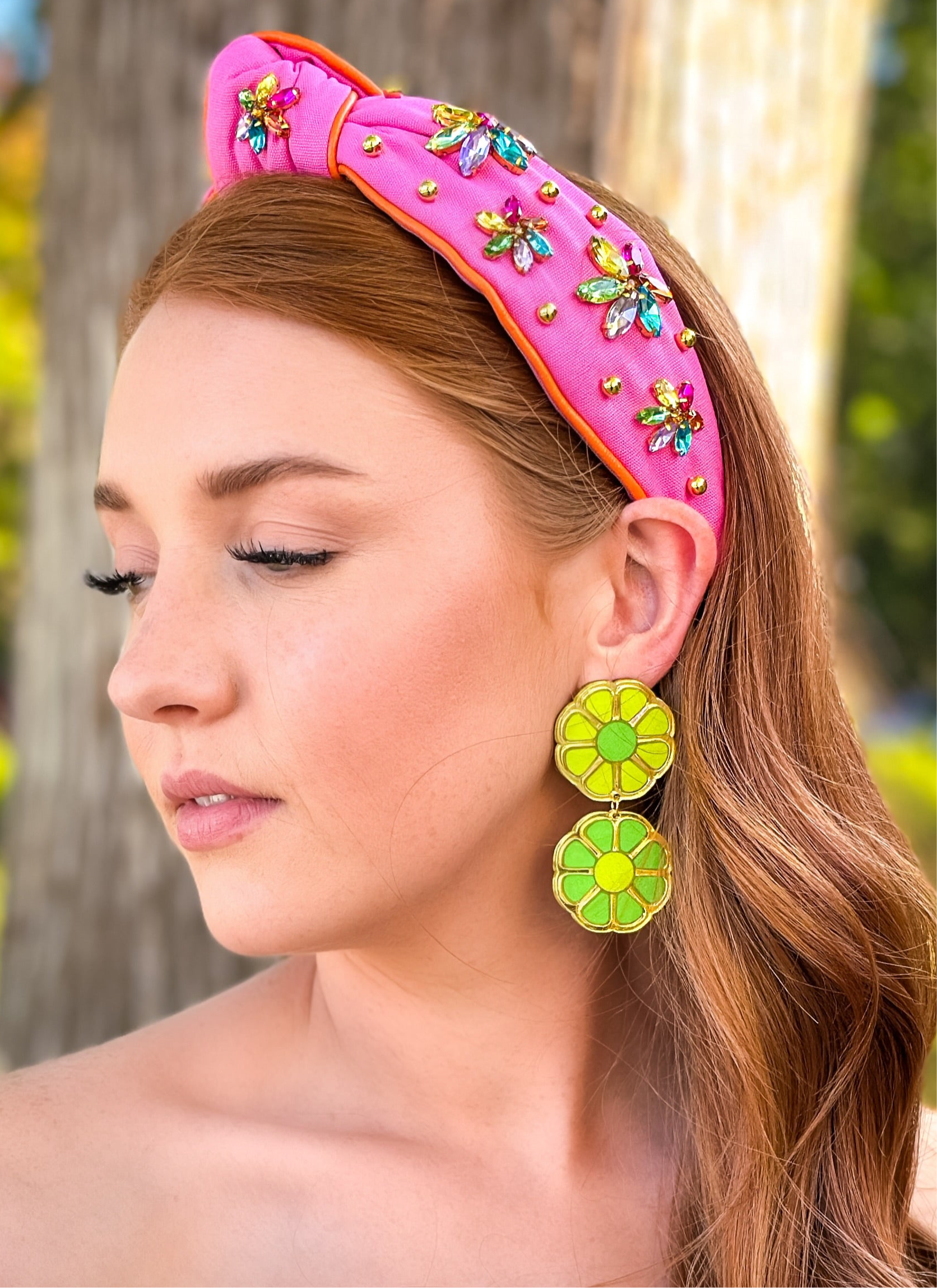 Green Monochromatic Flower Dangle Earrings