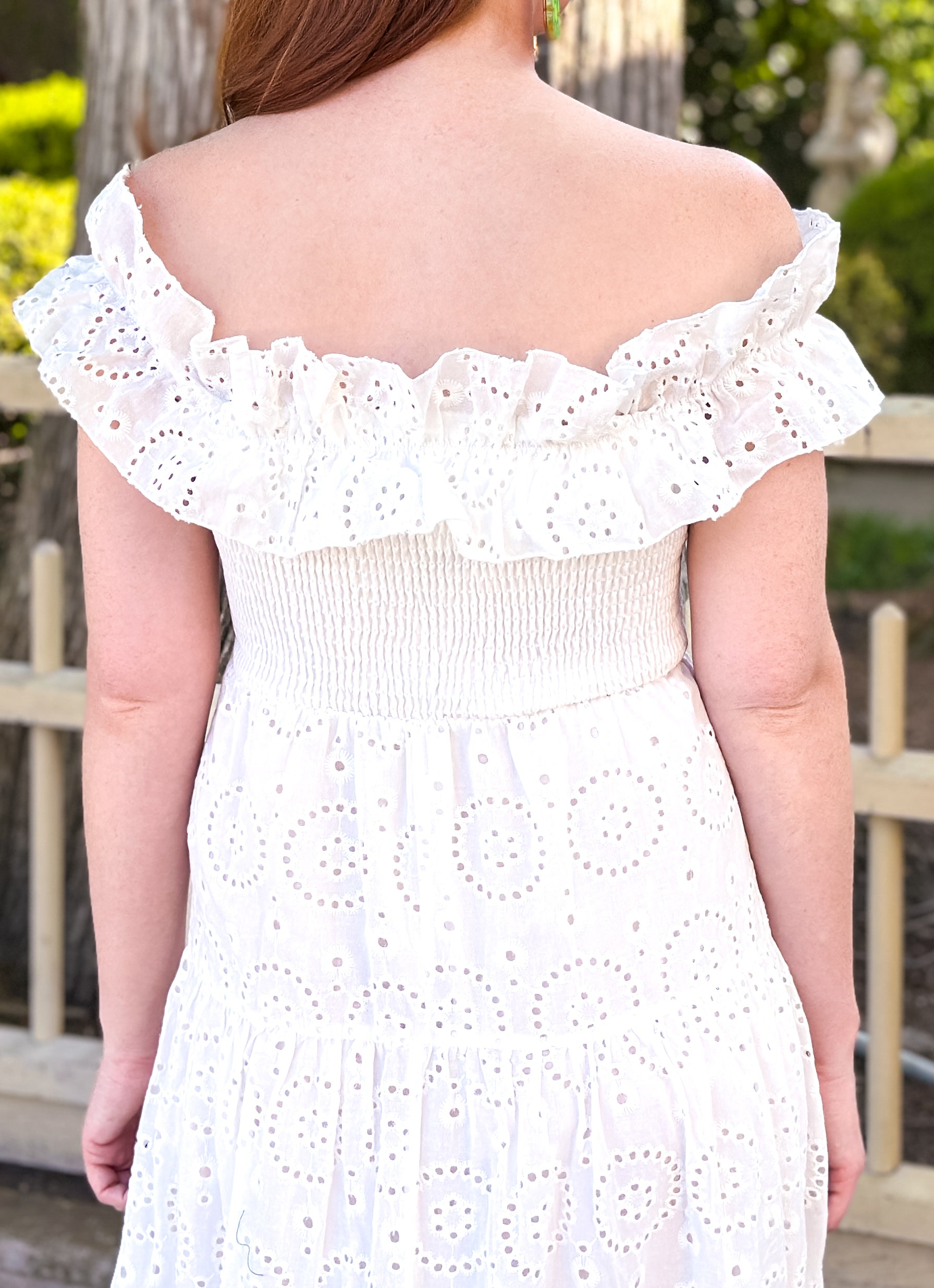 White Off-The-Shoulder Eyelet Maxi Dress