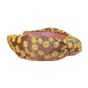 Fall Mustard Floral Embroidered  Knotted Headband