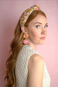 70s Floral Print Orange and Pink Knotted Embellished Headband