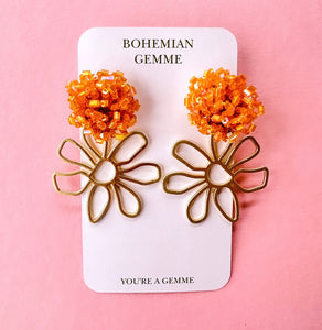 Orange Beaded Cluster Flower Earrings