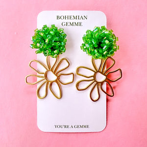 Green Beaded Cluster Flower Earrings